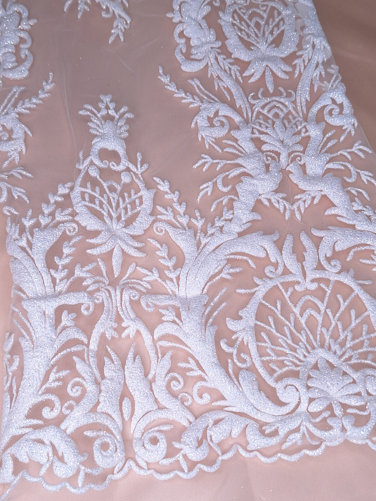 Tul Bordado Con Diseño En Acabado Glitter Color Blanco- HH169 — Palacio Glamour