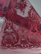 Tul Bordado Con Diseño En Acabado Glitter Color Vino- HH169 — Palacio Glamour