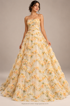 Tul Bordado Floral Con Aplicaciones 3D Color Amarillo -HH215 — Palacio Glamour