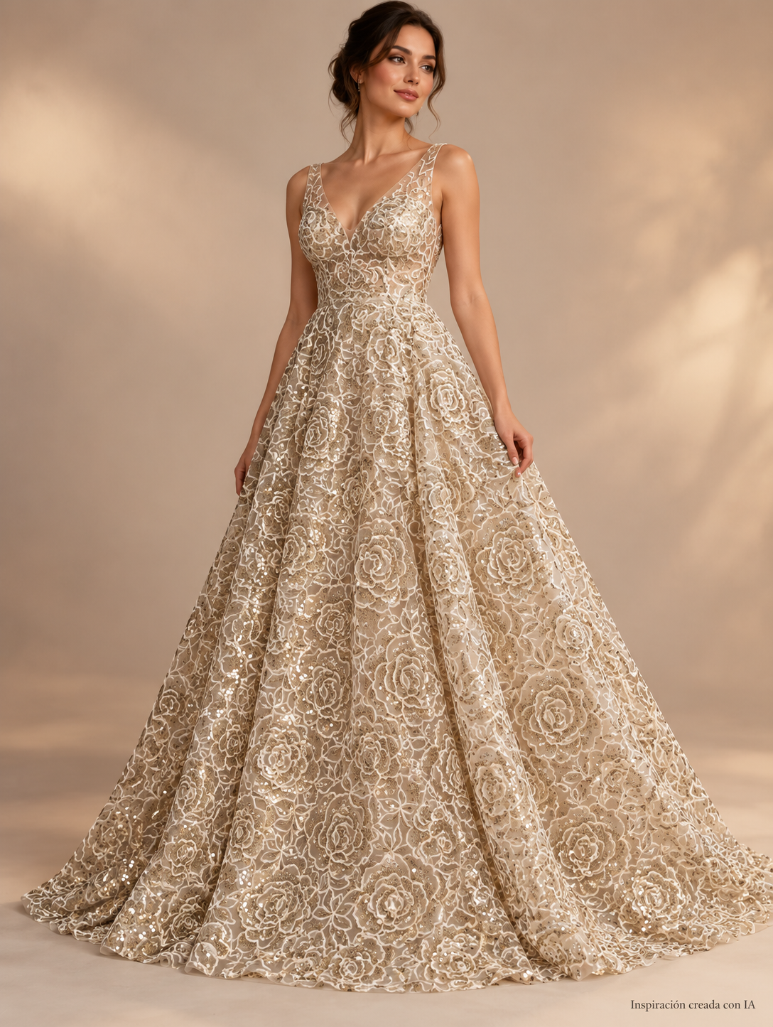 Tul Bordado Diseño Floral Con Lentejuela Color Oro -HH218 — Palacio Glamour