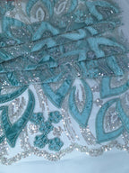 Tul Bordado Con Estampado Floral Aplicaciones de Chaquira Y Lentejuela Color Menta- HH235 — Palacio Glamour