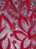 Tul Bordado Con Estampado Floral Aplicaciones de Chaquira Y Lentejuela Color Rojo- HH235 — Palacio Glamour