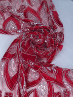 Tul Bordado Con Estampado Floral Aplicaciones de Chaquira Y Lentejuela Color Rojo- HH235 — Palacio Glamour