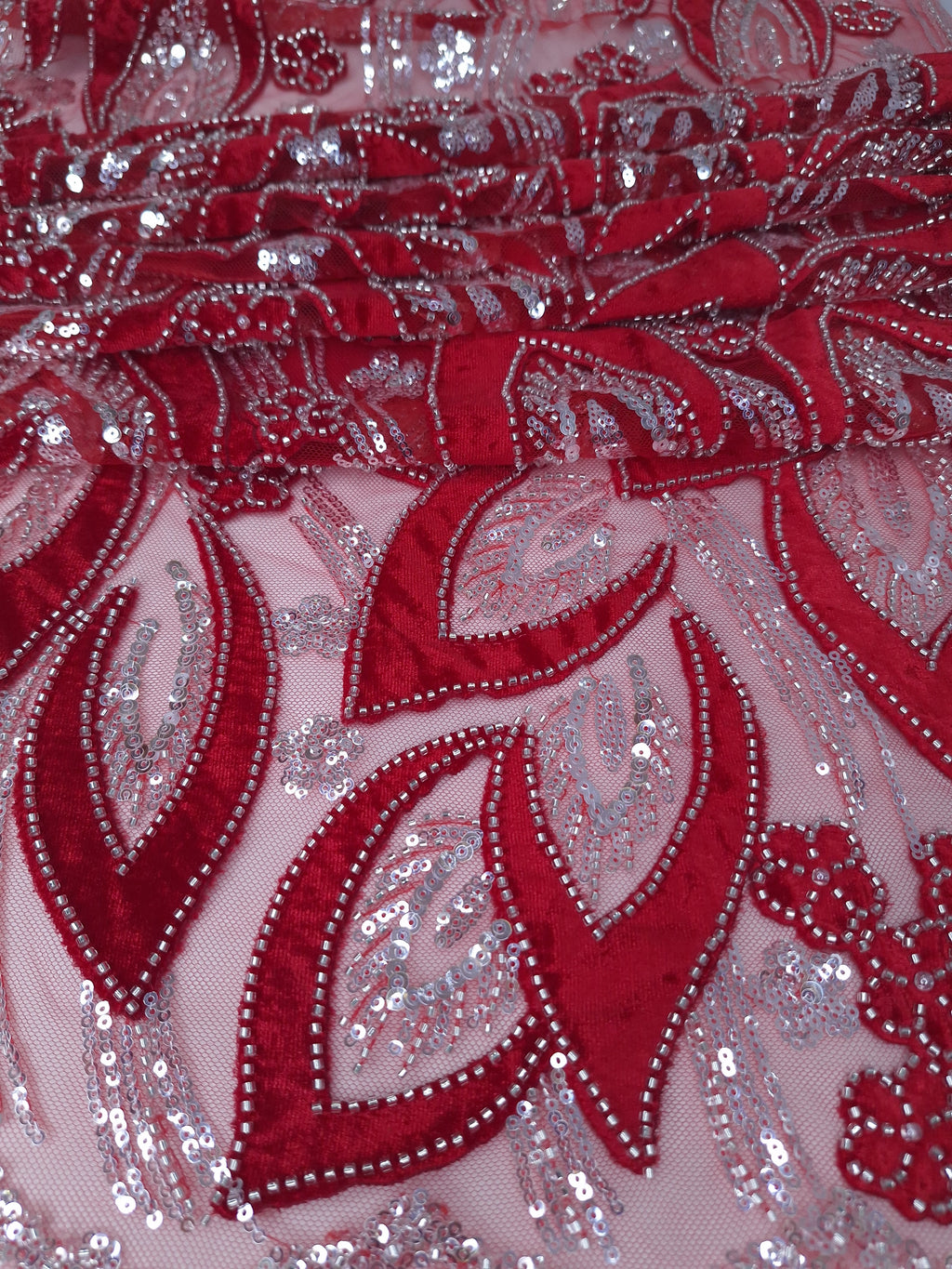 Tul Bordado Con Estampado Floral Aplicaciones de Chaquira Y Lentejuela Color Rojo- HH235 — Palacio Glamour