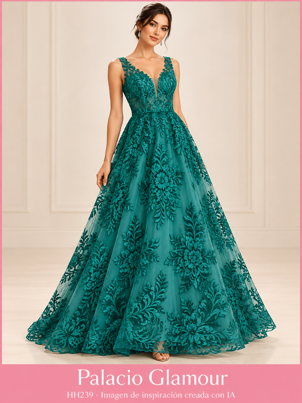 HH239 turquesa · vestido de inspiración creado con IA basado en la tela real
