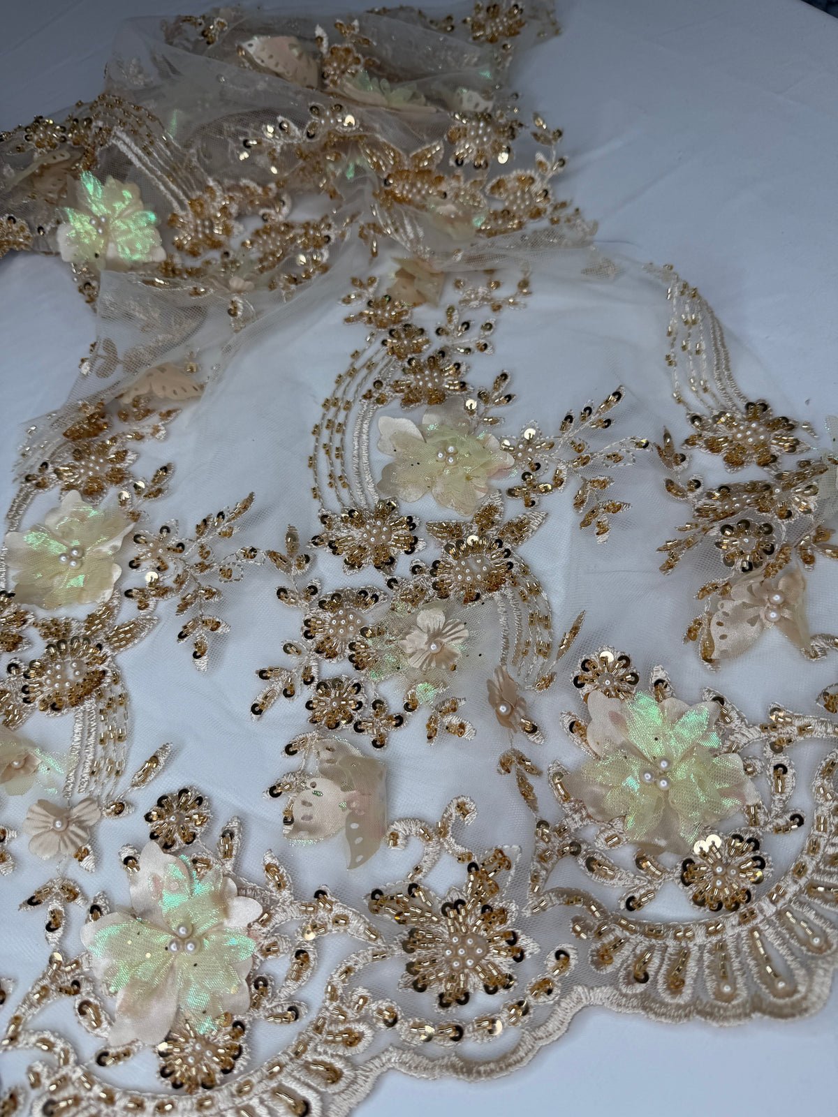 Tul bordado con lentejuela, canutillo y flor y mariposa 3d en tornasol hh237 — Palacio Glamour