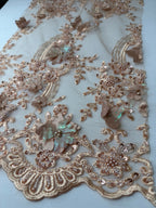 Tul bordado con lentejuela, canutillo y flor y mariposa 3d en tornasol hh237 — Palacio Glamour
