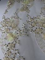 Tul bordado con lentejuela, canutillo y flor y mariposa 3d en tornasol hh237 — Palacio Glamour