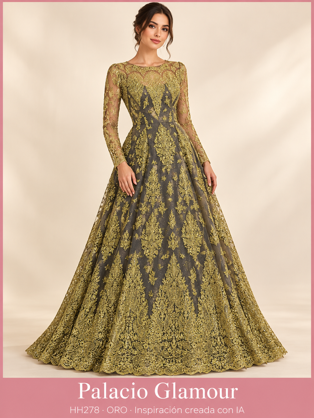 Tul Bordado HH278 por metro · ORO · Vestido de inspiración creado con IA a partir de la tela