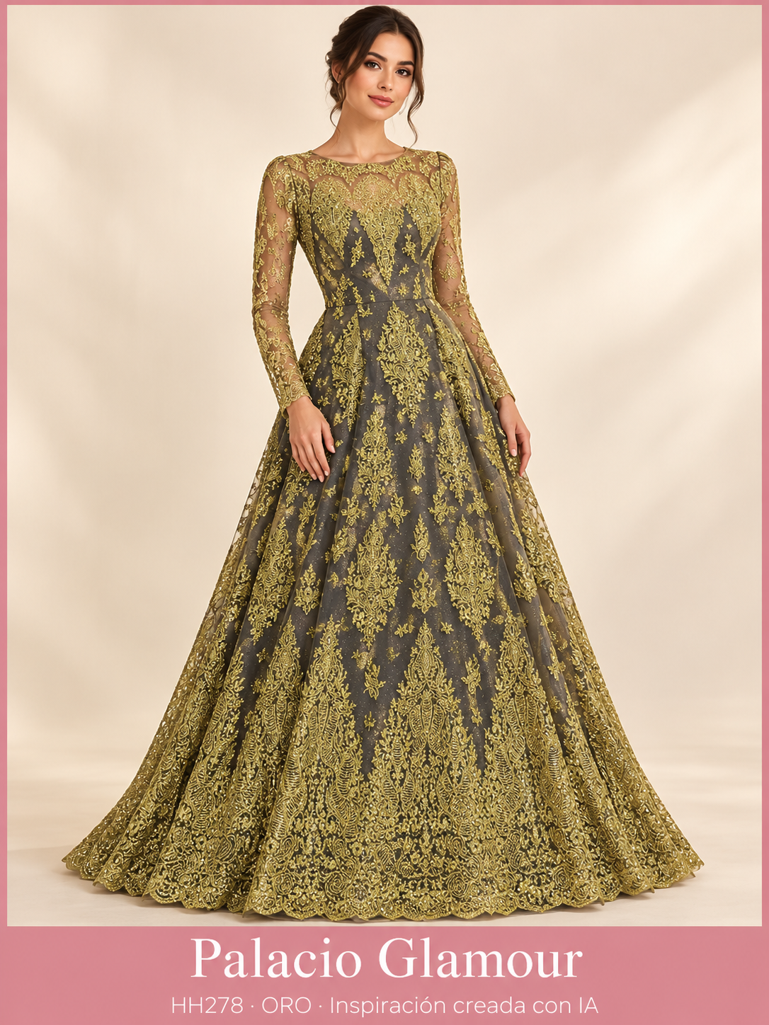 Tul Bordado HH278 por metro · ORO · Vestido de inspiración creado con IA a partir de la tela