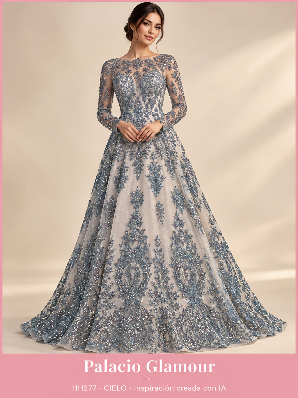 Tul Bordado HH277 por metro · CIELO · Vestido de inspiración creado con IA a partir de la tela