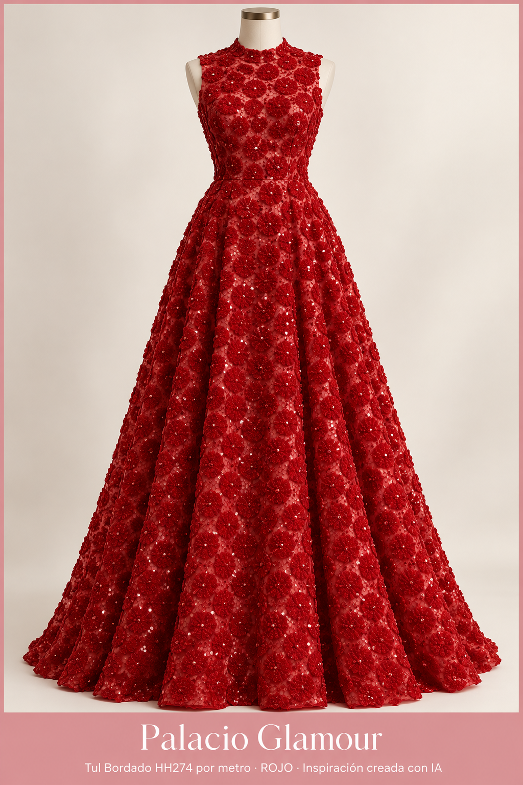 Tul Bordado HH274 por metro ROJO · Vestido de inspiración creado con IA