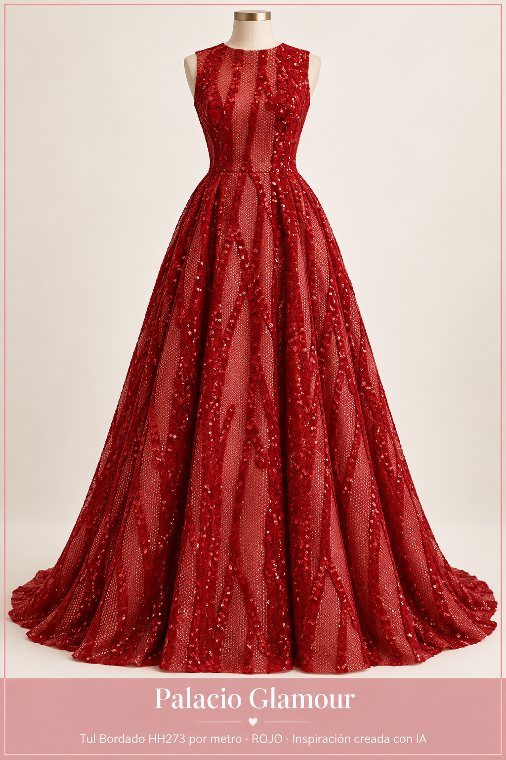 Tul Bordado HH273 por metro ROJO · Vestido de inspiración creado con IA