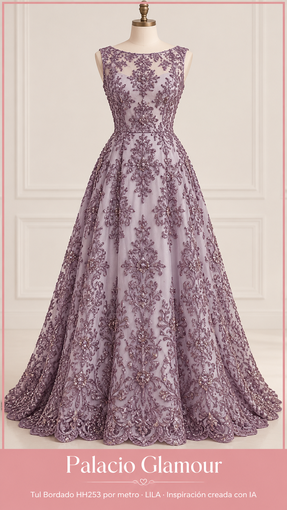 Tul Bordado HH253 por metro LILA · Vestido de inspiración creado con IA