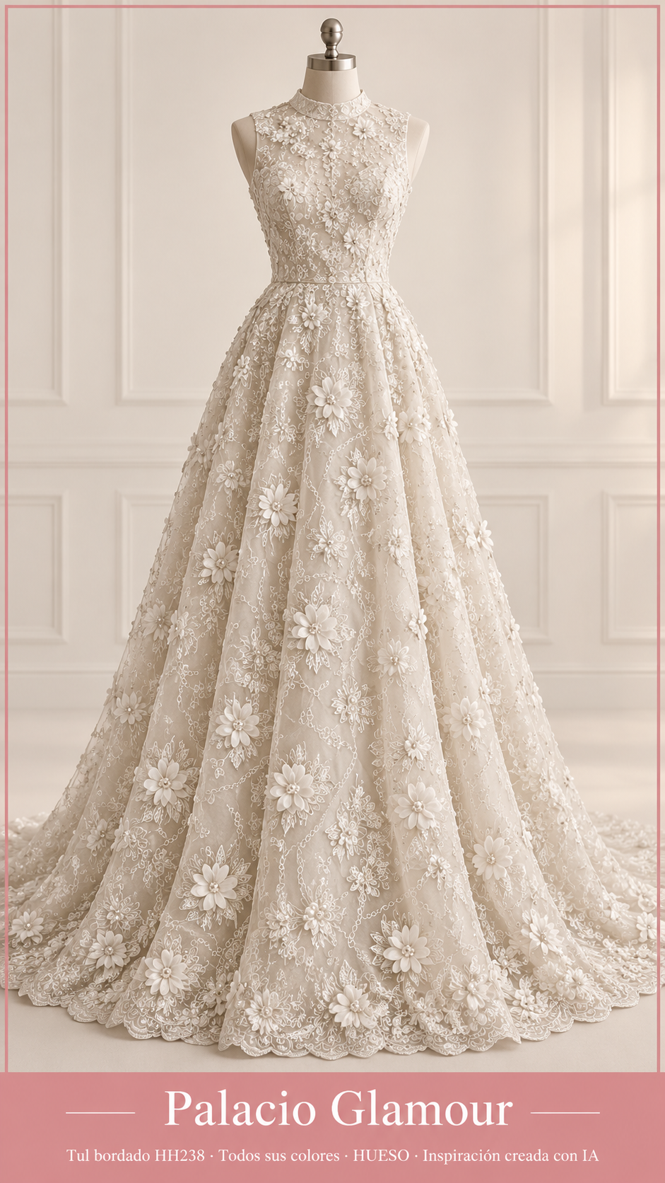 Tul bordado HH238 · Todos sus colores HUESO · Vestido de inspiración creado con IA