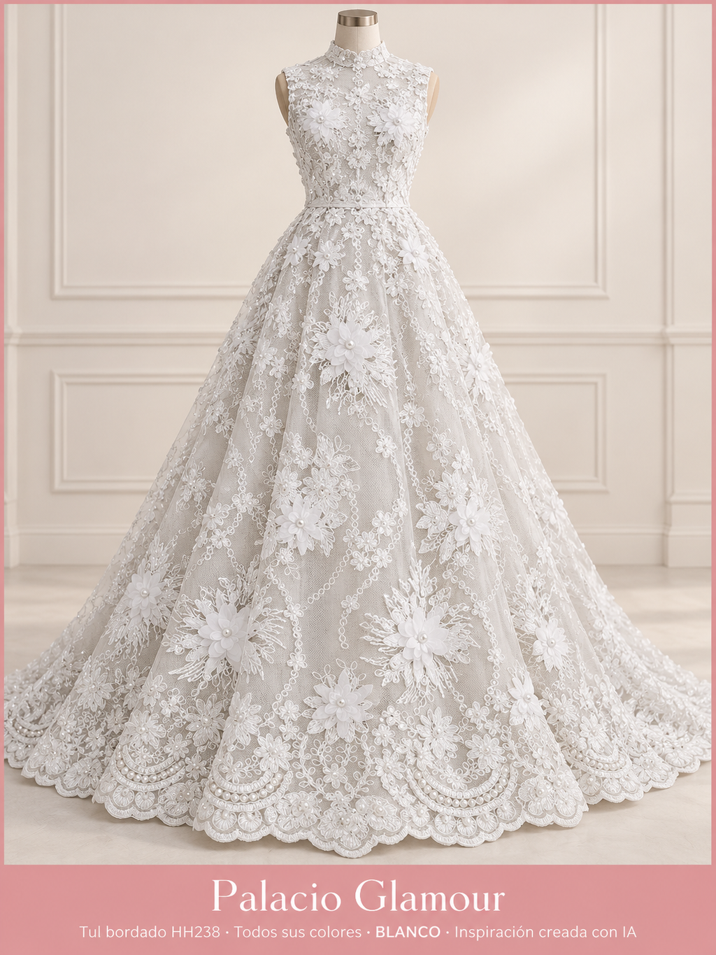 Tul bordado HH238 · Todos sus colores BLANCO · Vestido de inspiración creado con IA