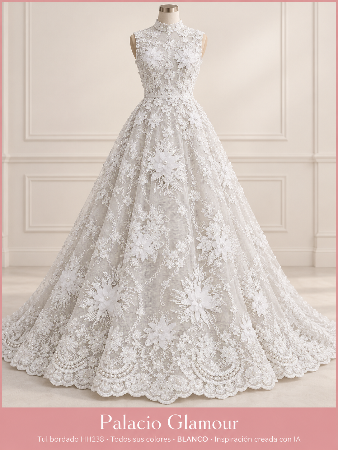 Tul bordado HH238 · Todos sus colores BLANCO · Vestido de inspiración creado con IA