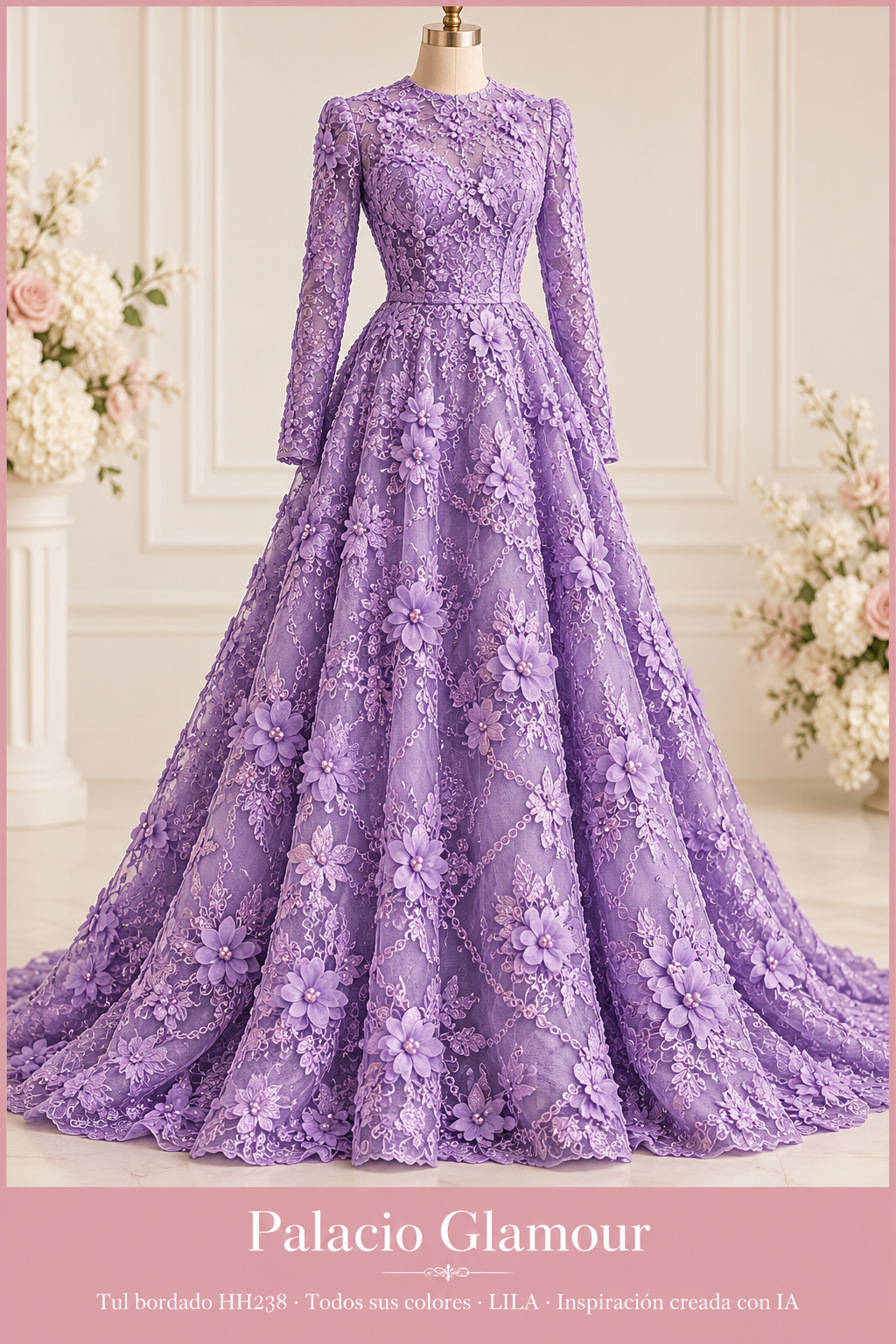 Tul bordado HH238 · Todos sus colores LILA · Vestido de inspiración creado con IA