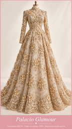 Tul bordado HH238 · Todos sus colores ORO · Vestido de inspiración creado con IA