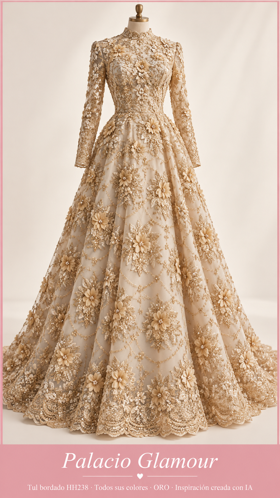 Tul bordado HH238 · Todos sus colores ORO · Vestido de inspiración creado con IA