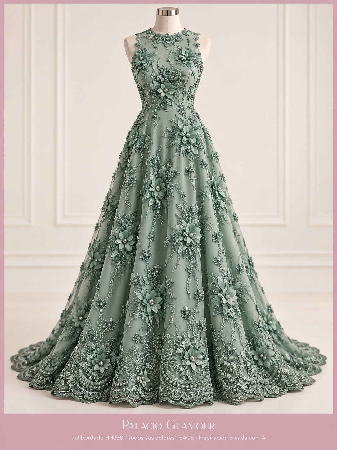 Tul bordado HH238 · Todos sus colores SAGE · Vestido de inspiración creado con IA