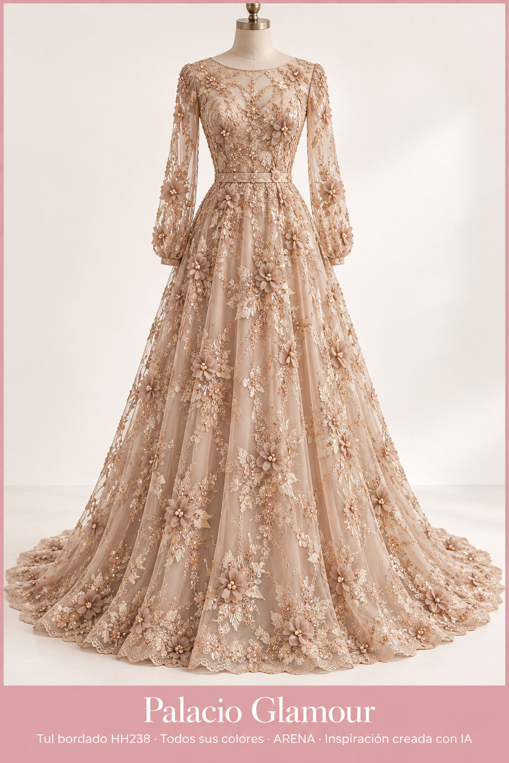 Tul bordado HH238 · Todos sus colores ARENA · Vestido de inspiración creado con IA