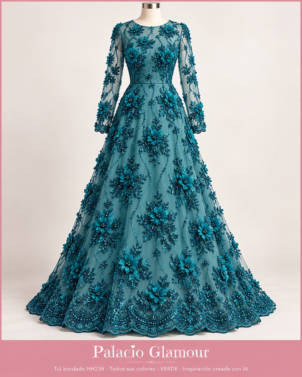 Tul bordado HH238 · Todos sus colores VERDE · Vestido de inspiración creado con IA