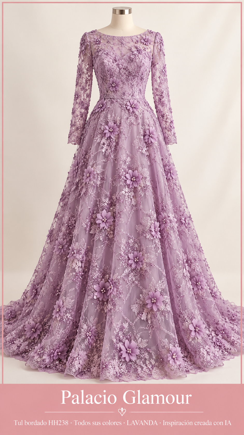 Tul bordado HH238 · Todos sus colores LAVANDA · Vestido de inspiración creado con IA
