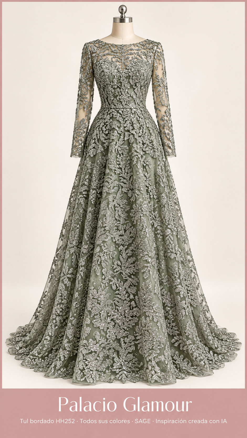 Tul bordado HH252 · Todos sus colores SAGE · Vestido de inspiración creado con IA