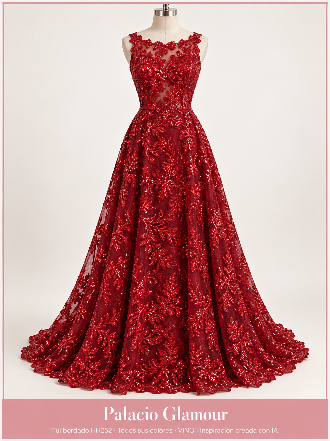 Tul bordado HH252 · Todos sus colores VINO · Vestido de inspiración creado con IA