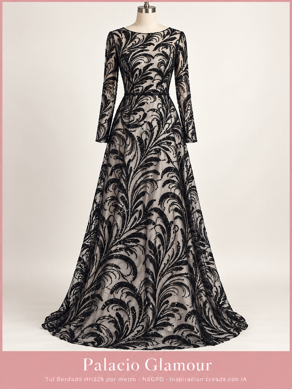 Tul Bordado HH228 por metro NEGRO · Vestido de inspiración creado con IA