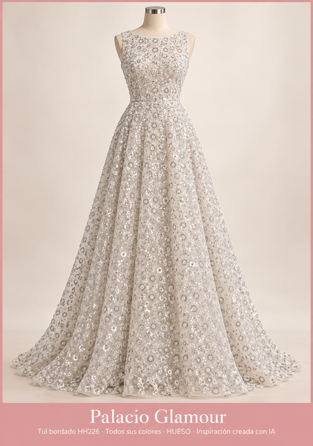 Tul bordado HH226 · Todos sus colores HUESO · Vestido de inspiración creado con IA