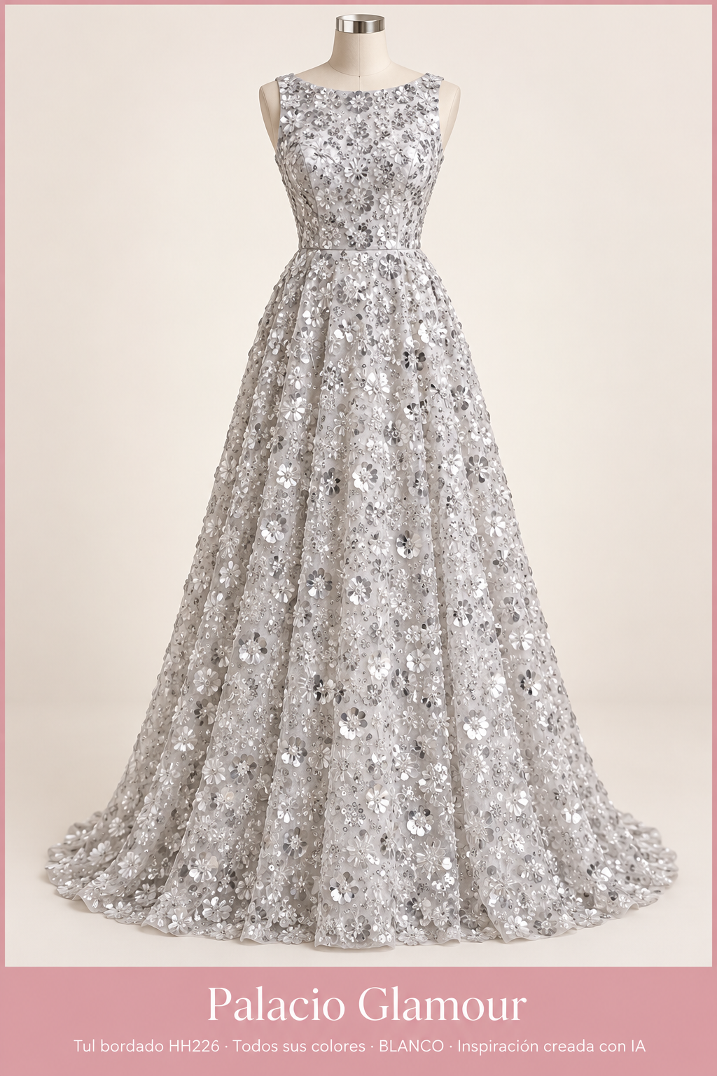 Tul bordado HH226 · Todos sus colores BLANCO · Vestido de inspiración creado con IA