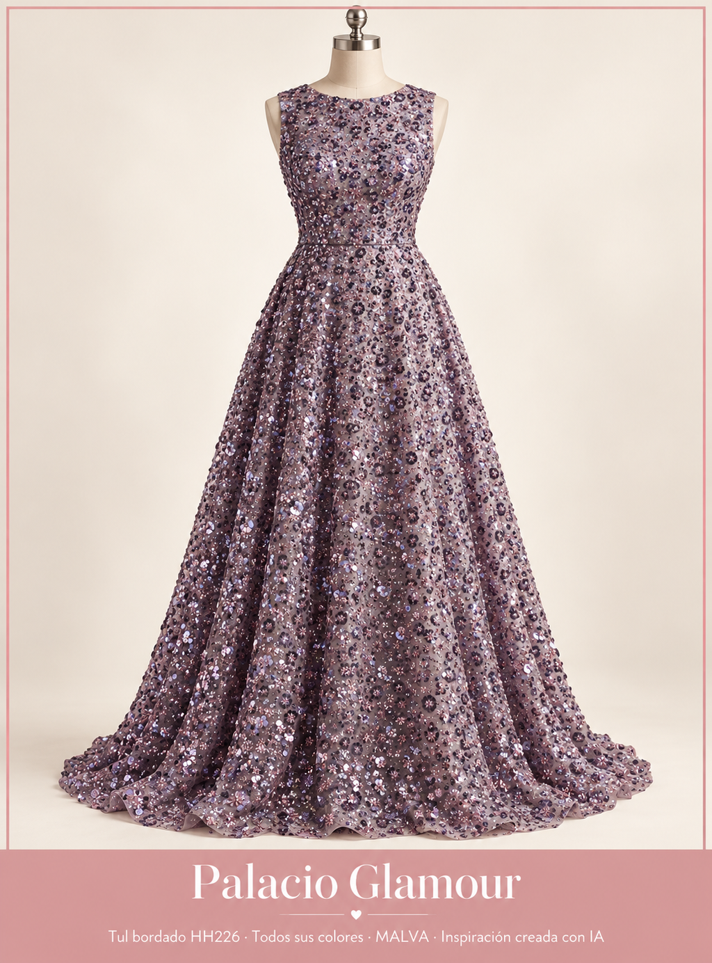 Tul bordado HH226 · Todos sus colores MALVA · Vestido de inspiración creado con IA