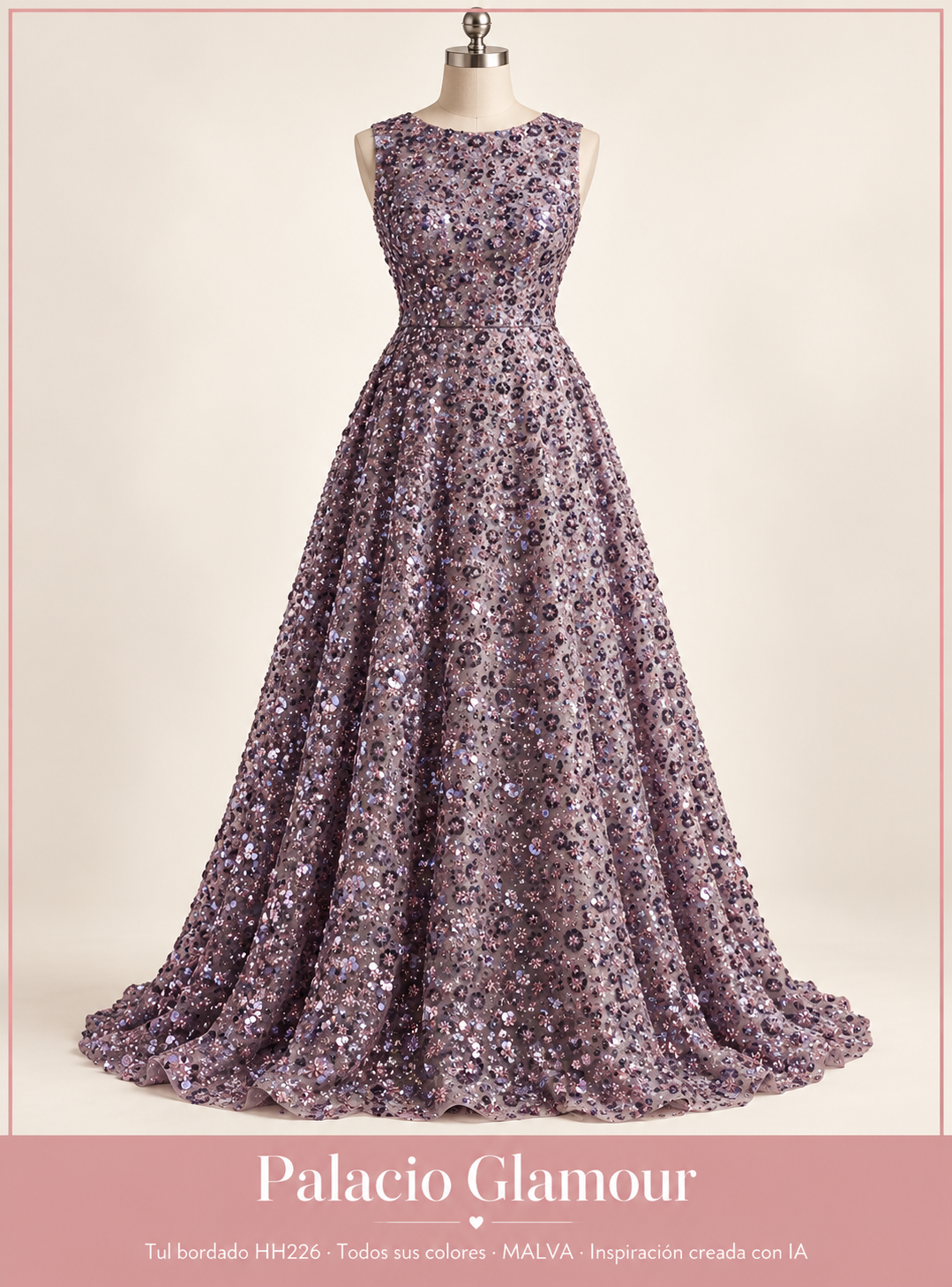 Tul bordado HH226 · Todos sus colores MALVA · Vestido de inspiración creado con IA