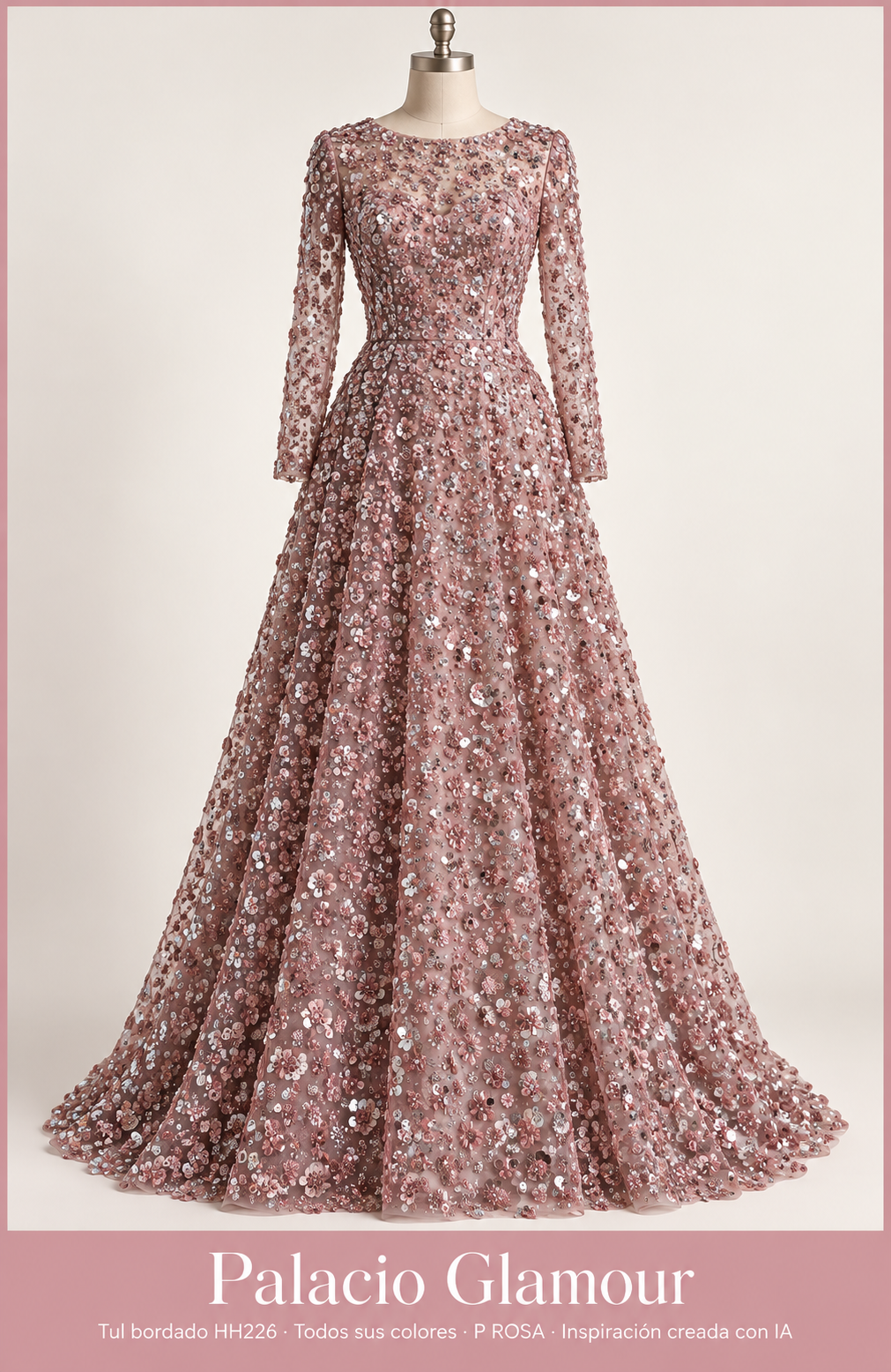 Tul bordado HH226 · Todos sus colores P ROSA · Vestido de inspiración creado con IA