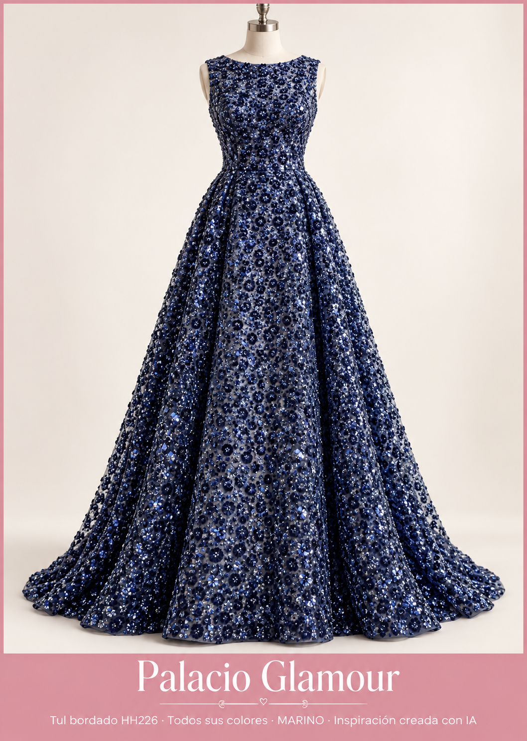 Tul bordado HH226 · Todos sus colores MARINO · Vestido de inspiración creado con IA