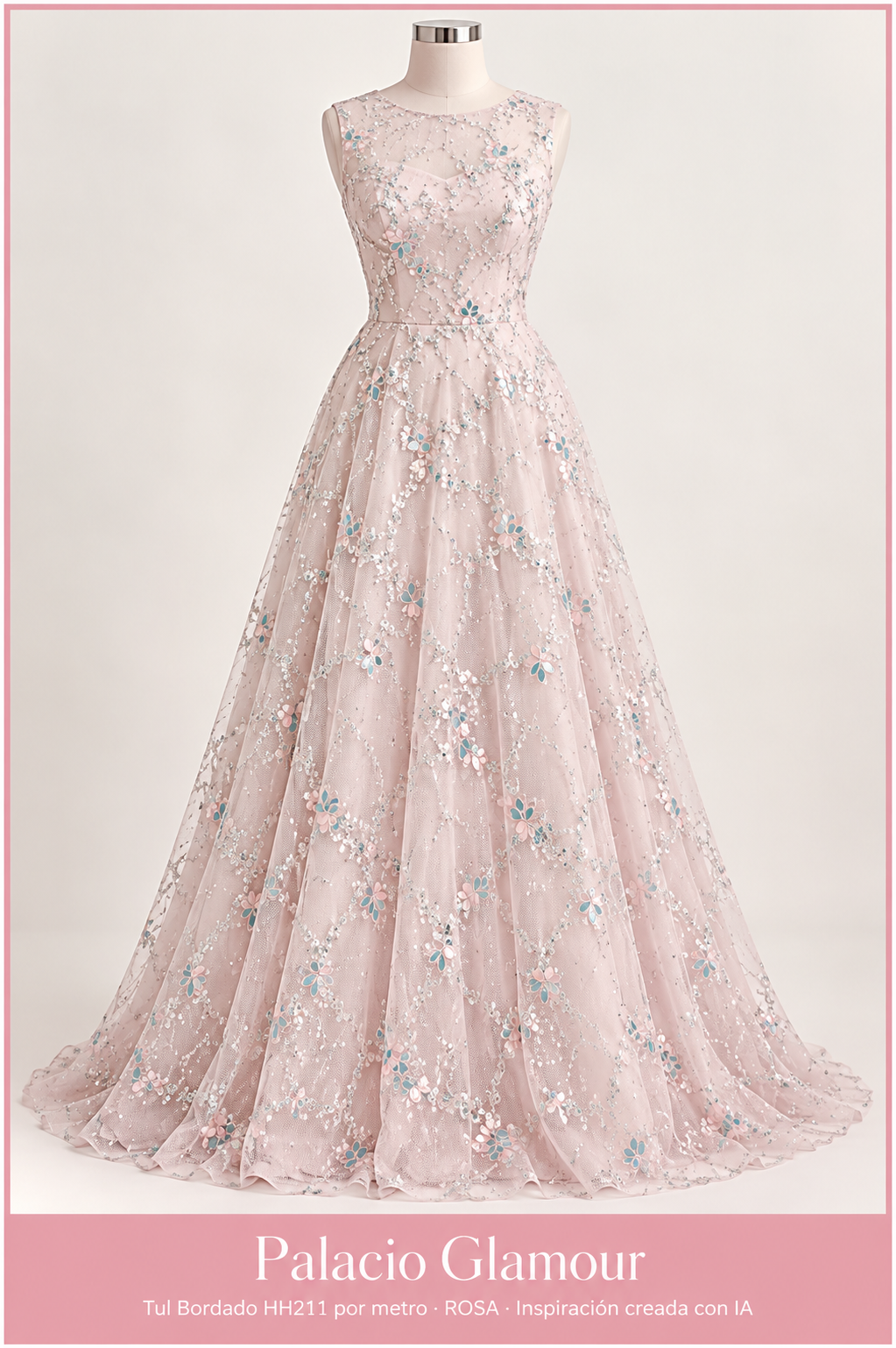 Tul Bordado HH211 por metro ROSA · Vestido de inspiración creado con IA