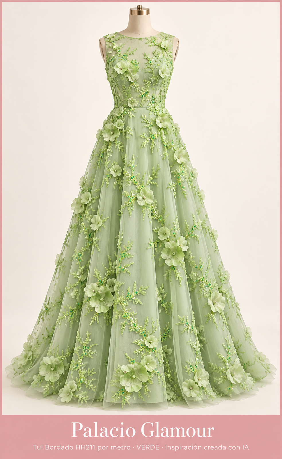 Tul Bordado HH211 por metro VERDE · Vestido de inspiración creado con IA