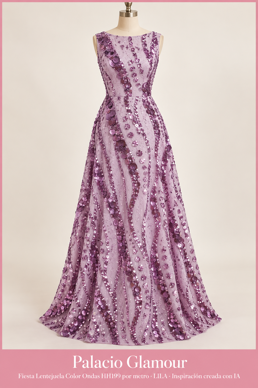 Fiesta Lentejuela Color Ondas HH199 por metro LILA · Vestido de inspiración creado con IA