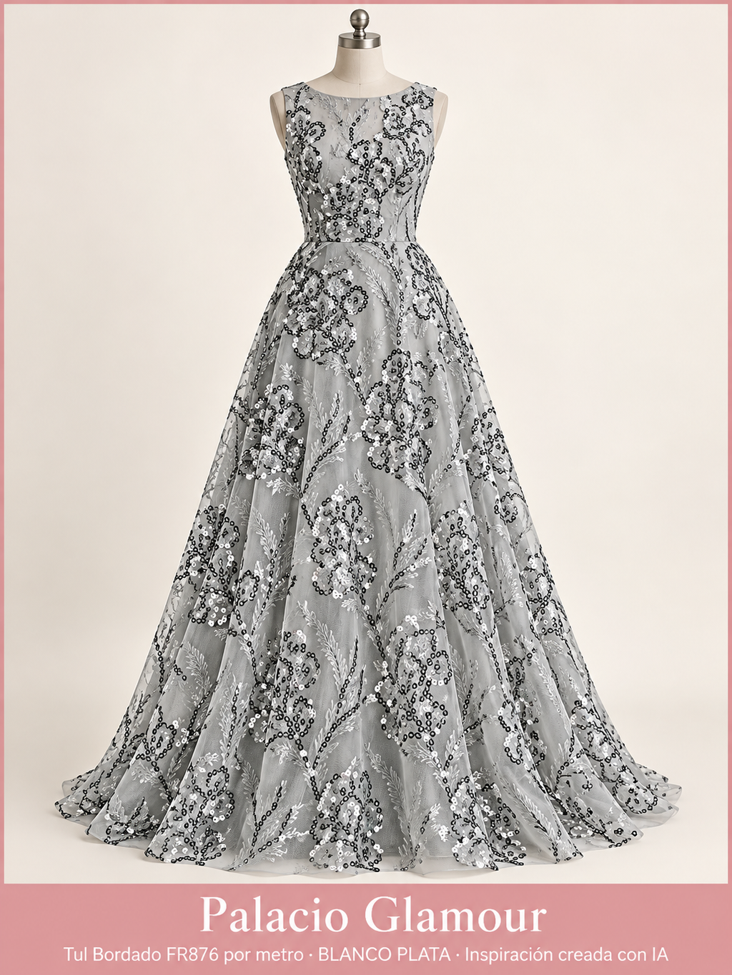 Tul Bordado FR876 por metro BLANCO PLATA · Vestido de inspiración creado con IA