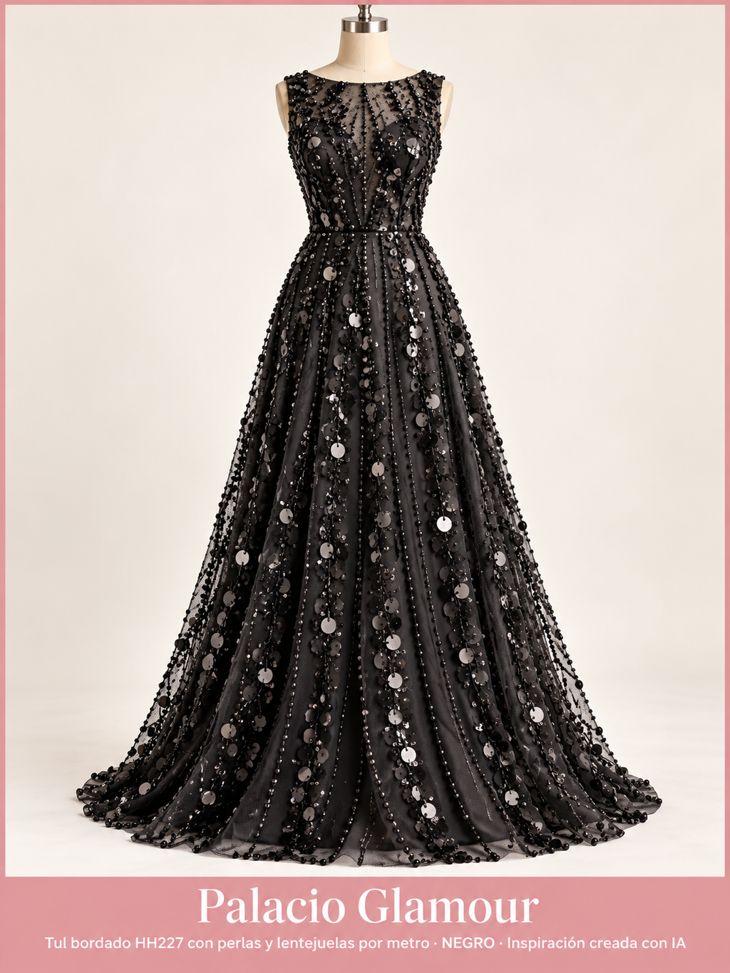 Tul bordado HH227 con perlas y lentejuelas por metro NEGRO · Vestido de inspiración creado con IA