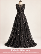 Tul bordado HH227 con perlas y lentejuelas por metro NEGRO · Vestido de inspiración creado con IA