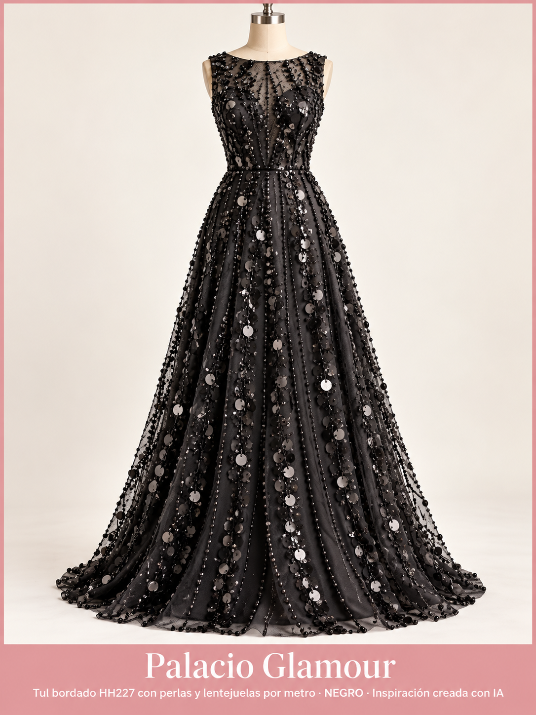 Tul bordado HH227 con perlas y lentejuelas por metro NEGRO · Vestido de inspiración creado con IA