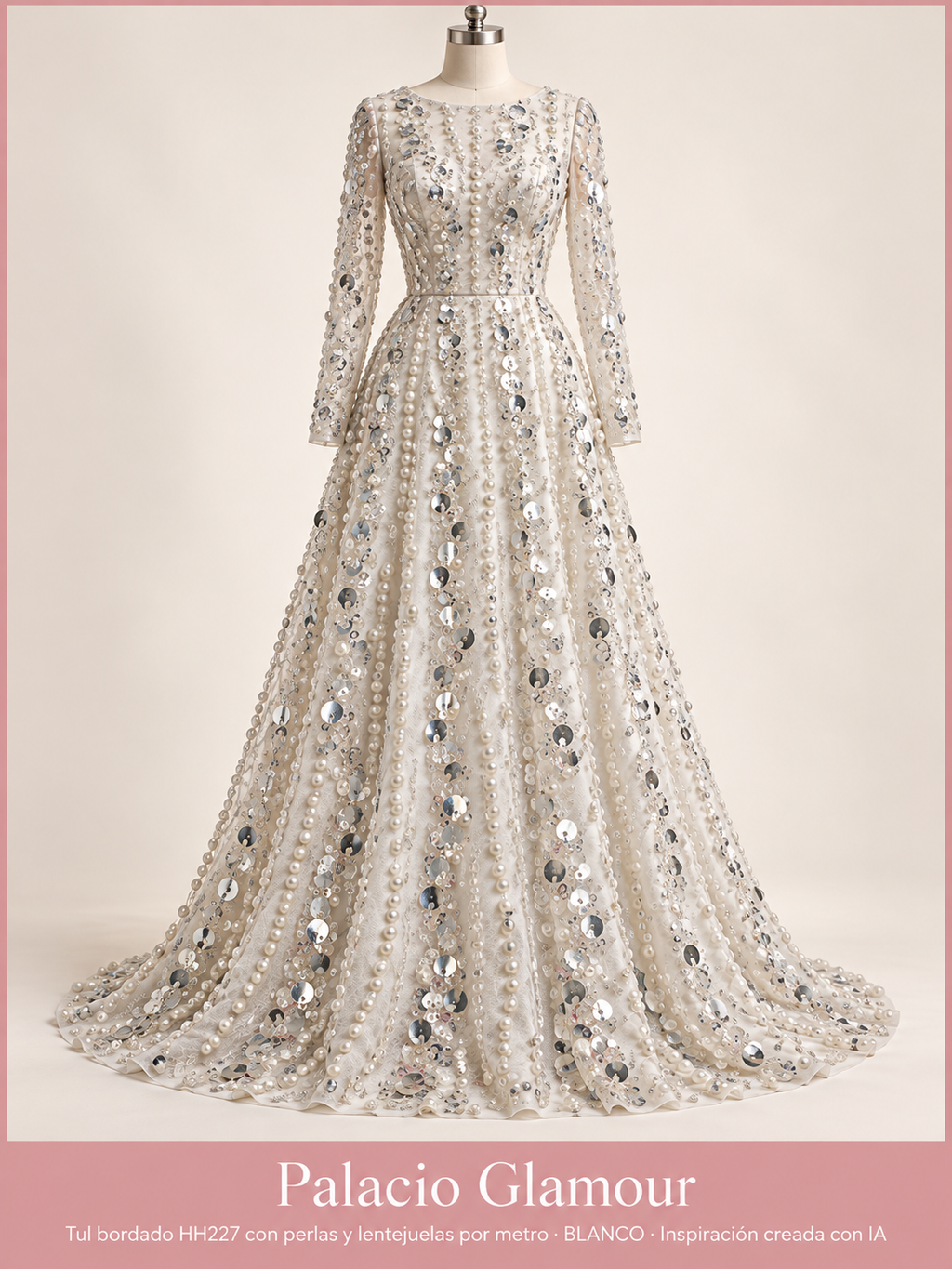 Tul bordado HH227 con perlas y lentejuelas por metro BLANCO · Vestido de inspiración creado con IA