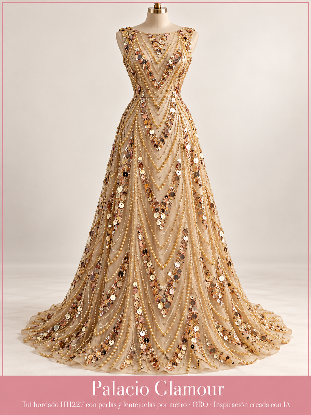 Tul bordado HH227 con perlas y lentejuelas por metro ORO · Vestido de inspiración creado con IA