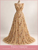 Tul bordado HH227 con perlas y lentejuelas por metro ORO · Vestido de inspiración creado con IA