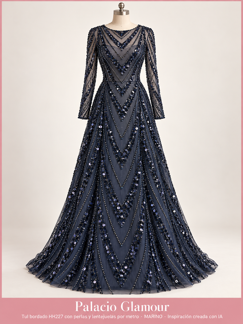 Tul bordado HH227 con perlas y lentejuelas por metro MARINO · Vestido de inspiración creado con IA