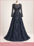 Tul bordado HH227 con perlas y lentejuelas por metro MARINO · Vestido de inspiración creado con IA