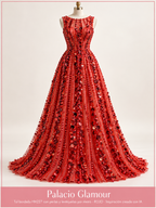 Tul bordado HH227 con perlas y lentejuelas por metro ROJO · Vestido de inspiración creado con IA